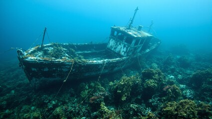 Explore the mysterious depths with a haunting image of a sunken fishing boat enveloped by a lush kelp forest