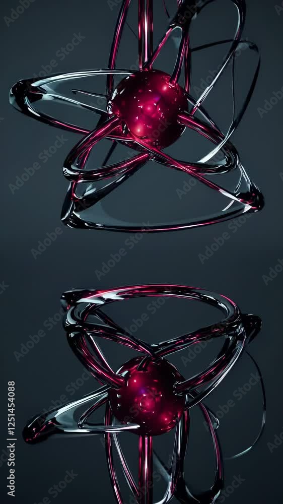 Poster A futuristic glass-like atom structure with reflective orbits and floating spheres.