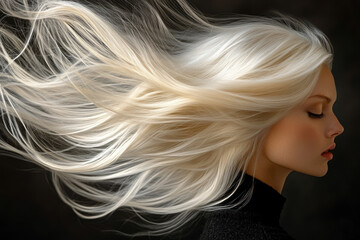 Woman with long blonde hair blowing in the wind, standing on a rocky cliff overlooking the ocean, under a dramatic sky at sunset.