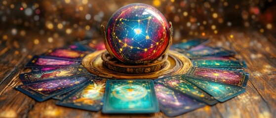 Fototapeta premium Mystical Fortune Telling Tarot Cards and Crystal Ball on Wooden Table with Bokeh Background