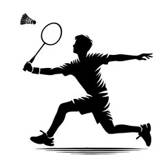 Badminton player smashing a shuttlecock, energetic and competitive, in a dynamic silhouette design