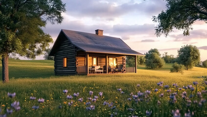 Small Wooden Cabin in Green Field Surrounded by Trees Under Clear Blue Sky &ndash; Tranquil Rural Setting Without People

