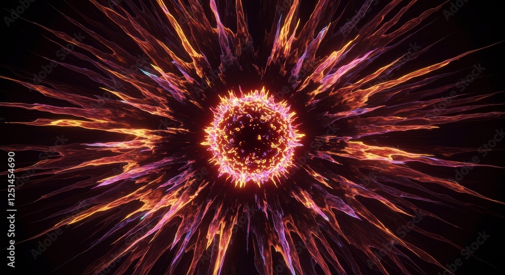 Poster cosmic bloom: an abstract burst of fiery orange and purple energy radiates from a glowing core, crea