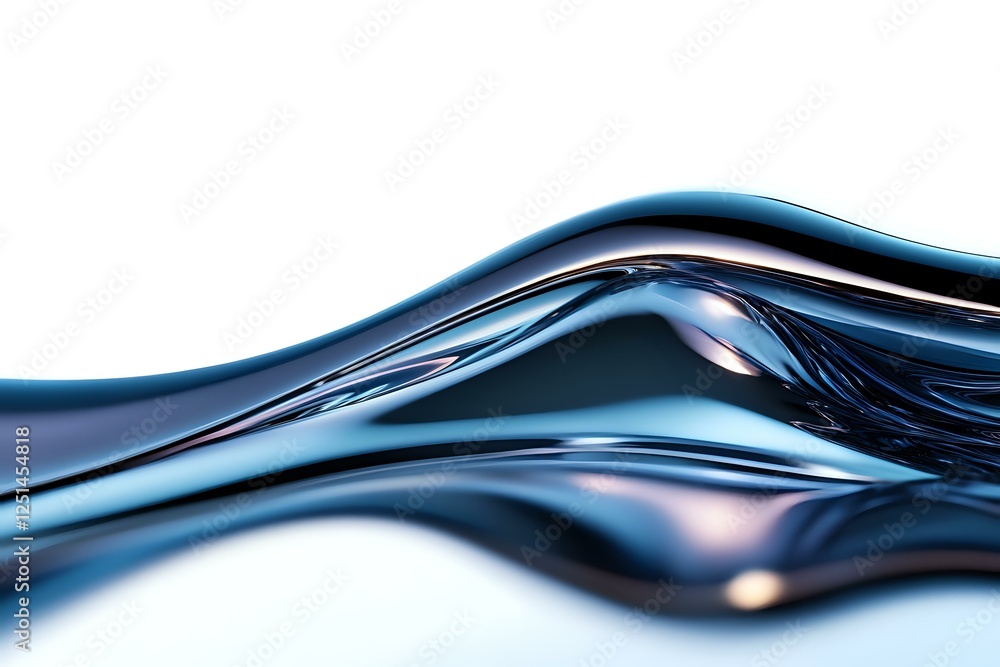 Poster smooth flowing liquid metal waves create dynamic abstract pattern in blue and silver tones, featurin