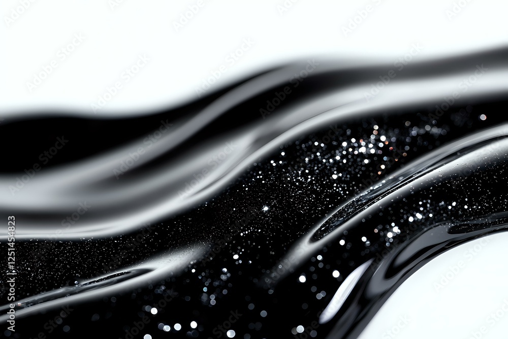 Poster abstract black and white fluid waves with glitter particles floating in dark space create dynamic fl