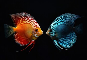 Fototapeta premium Two colorful discus fish in an aquarium, one is swimming and the other facing it head-on with its tail up.