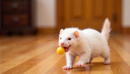 Energetic ferret playing with rubber ball on wooden floor, joyful fun