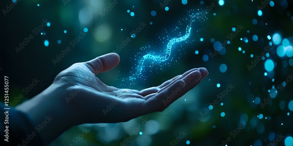 Poster mystical glowing energy stream floating above an open palm against dark background with bokeh lights