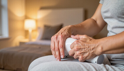 Elderly woman using electric hand massager in cozy bedroom, comfort