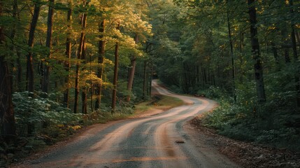 view of winding asphalt road in the middle of pine forest