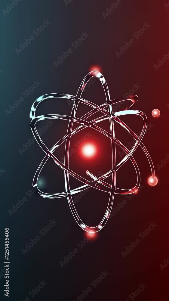 Aufkleber a futuristic glass-like atom structure with reflective orbits and floating spheres.