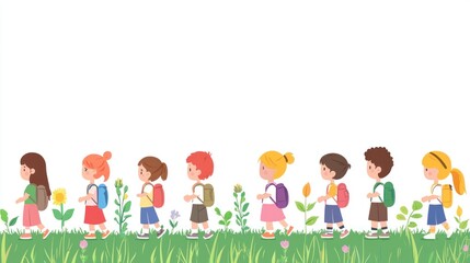 Obraz premium Children walking in a line, flowers and grass in background; for educational materials or children's books