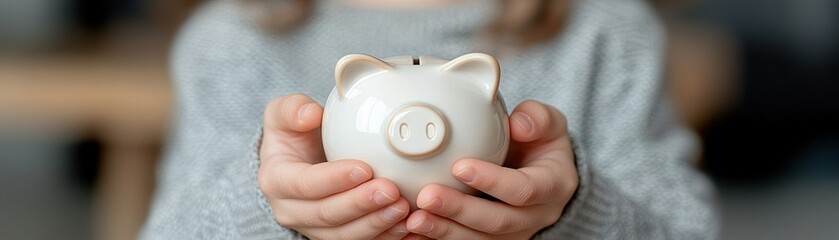 A child holds a white piggy bank, symbolizing savings and financial education in a cozy setting.