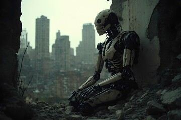 Fototapeta premium A humanoid robot rests in a pile of rubble, gazing towards a distant skyline of tall buildings under overcast skies, conveying a sense of solitude and desolation.