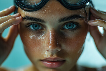 Woman wearing goggles on head, sitting at a workbench covered in tools and wires, focused on soldering a small circuit board with a concentrated expression.