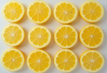 Obraz premium Sliced lemons arranged neatly in rows on a white background showcasing their juicy interiors
