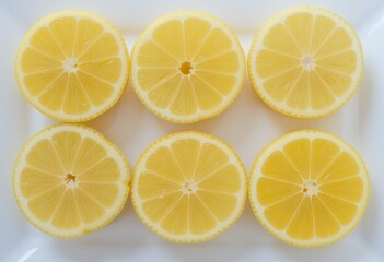 Obraz premium Sliced lemons arranged neatly in rows on a white background showcasing their juicy interiors