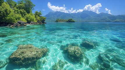 Tropical island beach, turquoise water, coral reef, mountain range in background