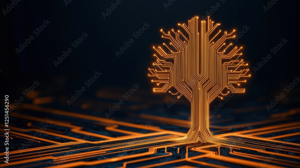 Poster a glowing tree made of circuit patterns symbolizes the fusion of nature and technology against a dar