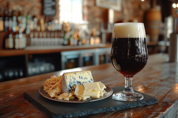 Plate of cheese and glass of beer on rustic wooden table, set against a scenic countryside background.