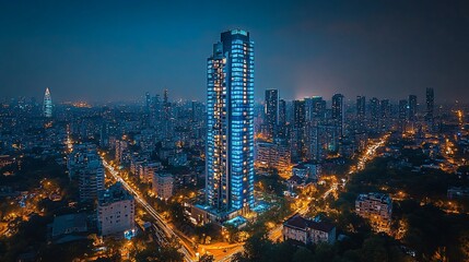 Fototapeta premium Nighttime cityscape featuring a tall illuminated skyscraper with many other buildings and lights