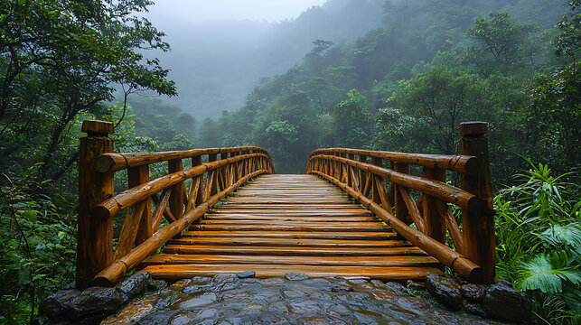 Wooden footbridge through misty mountain forest with lush green nature and curved pathway over foggy wilderness