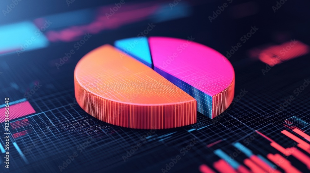 Poster a vibrant 3d pie chart displays data segments in colors on a digital background, representing data v