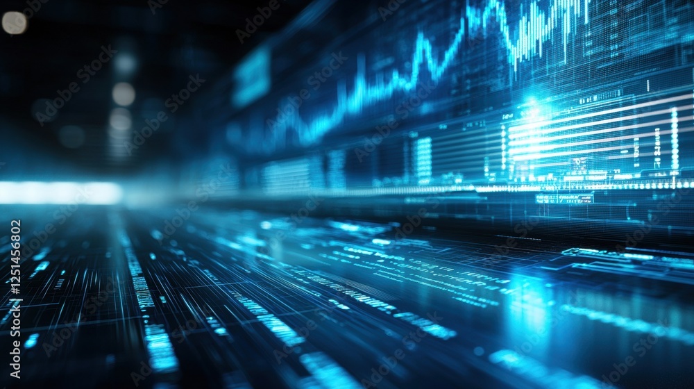 Poster a futuristic digital landscape features vibrant blue lines and waveforms, symbolizing data flow and 