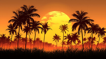 Tropical silhouette palm tree at golden sunset with dramatic orange sky over paradise beach horizon landscape