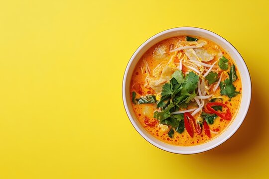 Bowl of flavorful laksa soup on a vibrant yellow background