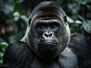 Obraz premium AI-generated image of a powerful gorilla with lifelike details and intense expression. Perfect for wildlife, nature, and conservation-themed stock photography.