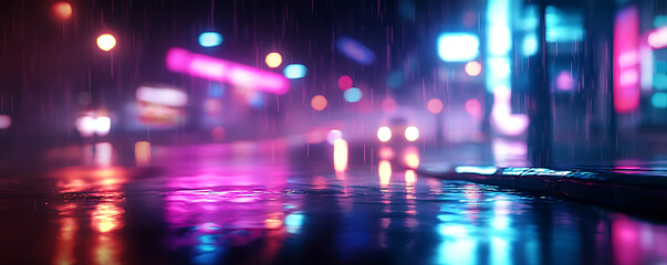 Fototapeta premium A visually striking nighttime cityscape featuring glowing neon signs, soft raindrops, and vibrant reflections on a wet street, creating a futuristic and cinematic urban atmosphere.