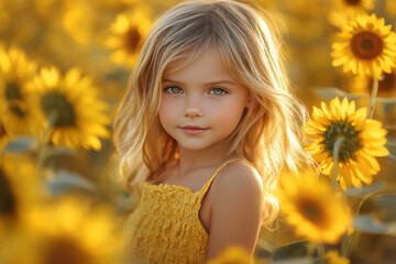 Fototapeta premium Little girl gleefully running through a vibrant field of sunflowers.