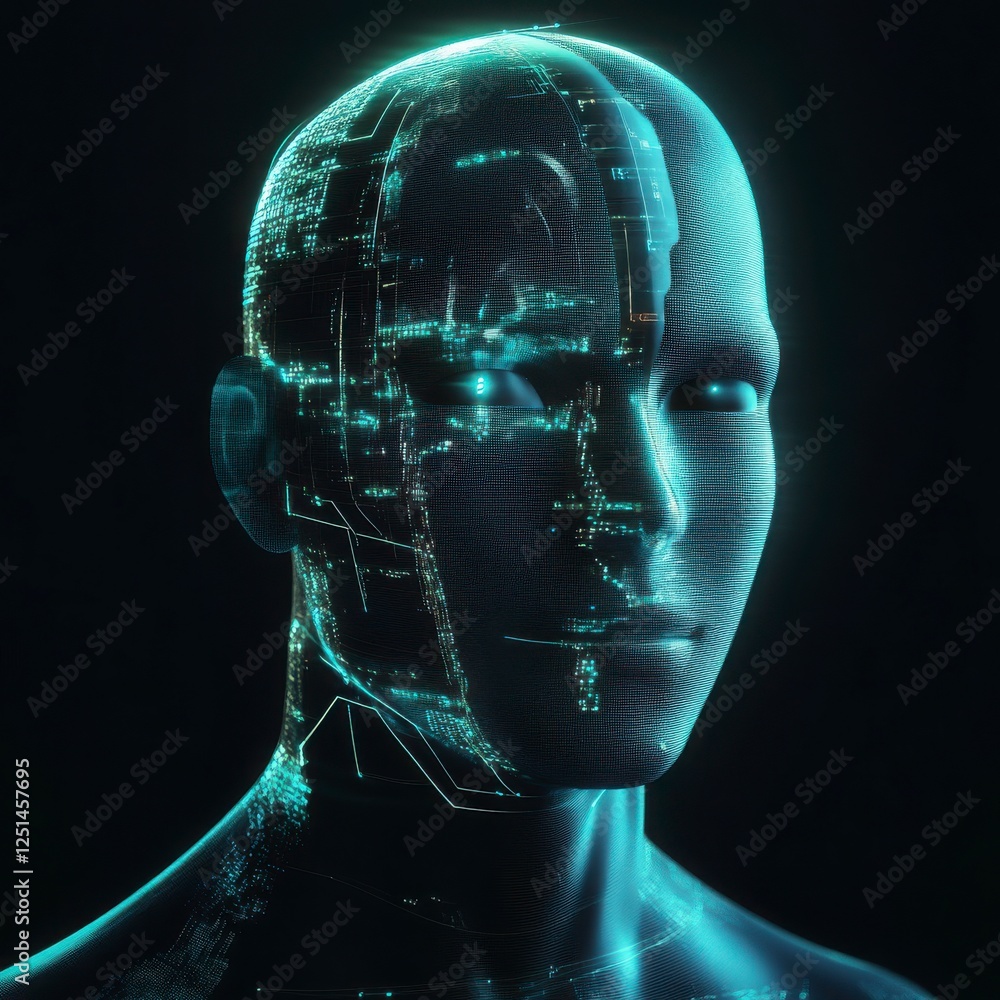 Poster digital human face with glowing pixels and geometric lines and structures