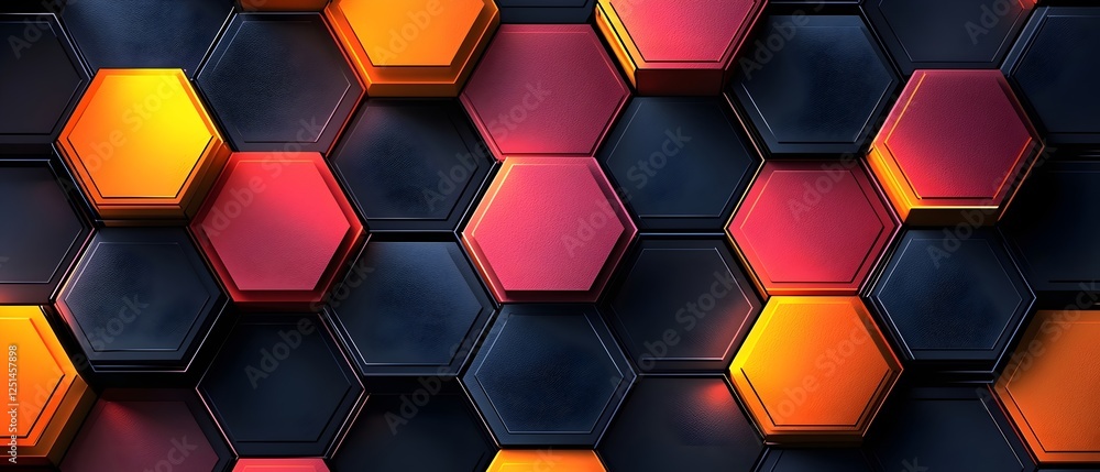 Poster a vibrant abstract background featuring interconnected hexagonal shapes in shades of orange, red, an