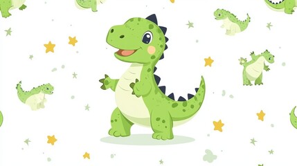 Сhildish pattern with cute dinosaur, baby shower greeting card. Animal seamless background, cute vector texture for kids bedding, fabric, wallpaper, wrapping paper, textile, t-shirt print