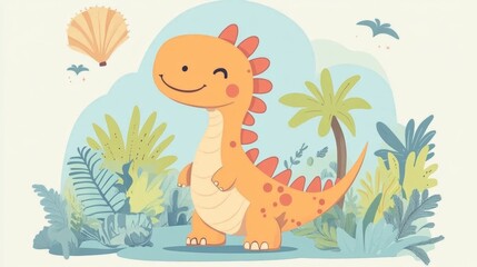 Obraz premium Сhildish pattern with cute dinosaur, baby shower greeting card. Animal seamless background, cute vector texture for kids bedding, fabric, wallpaper, wrapping paper, textile, t-shirt print