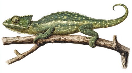Detailed illustration of a chameleon resting on a branch with vibrant colors and textures