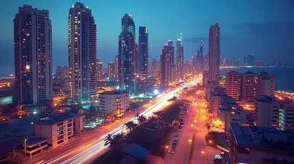 Obraz premium Nighttime cityscape view featuring numerous illuminated buildings and roads with car trails