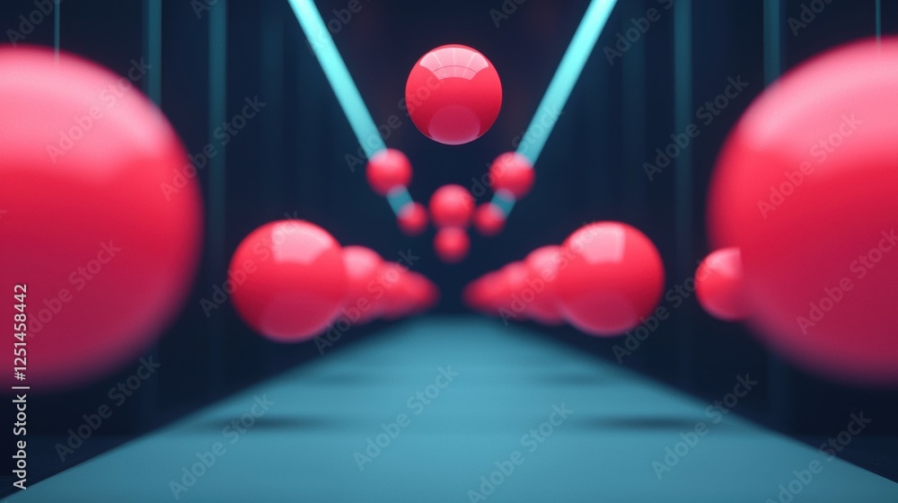 Poster a futuristic scene featuring floating red spheres along a pathway illuminated by blue lines, creatin