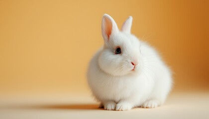 Obraz premium Cute White Bunny Rabbit Portrait on a Light Orange Background