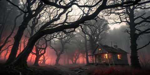 Mysterious Enchanted Forest at Night, Shrouded in Fog and Magic, with Lurking Creatures and an Ominous Atmosphere