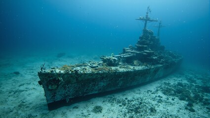Fototapeta premium Discover a haunting scene of a sunken warship below the sea covered in vibrant coral reefs and surrounded by a plethora of underwater creatures