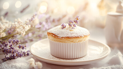 Elegant dessert presentation: A delectable cake dusted with powdered sugar and adorned with delicate lavender blossoms.