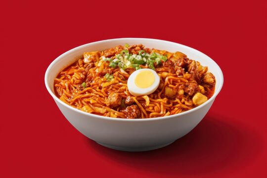 Bowl of pancit palabok topped with egg and chives