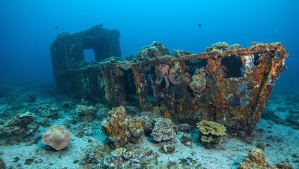Explore the eerie beauty of a split shipwreck embraced by vibrant coral sponges and curious octopuses in this stunning underwater scene