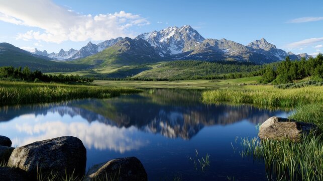 A beautiful mountain lake with a reflection of the mountains in the water