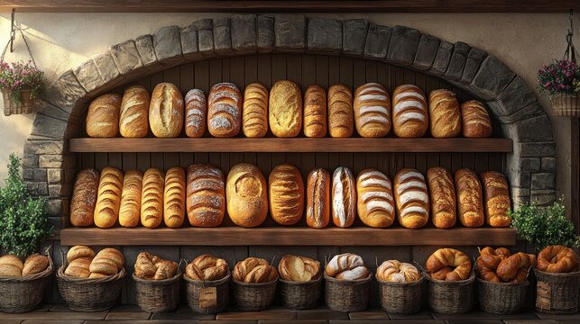 Aged bread display in rustic bakery shelves with flowers