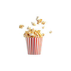 Popcorn in a red and white striped paper cup, flying isolated on a transparent background