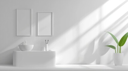 Fototapeta premium Elegant white bathroom with dual sinks and a vibrant green plant modern